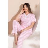 MEBA Kadın Büyük Beden Desenli Yakası Düğmeli Kısa Kollu Penye Pembe Çizgili Pijama Takımı