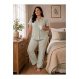 MEBA Kadın Büyük Beden Milan Kumaş Önden Düğmeli Ceket Yaka Kısa Kollu Pijama Takımı Hediyelik,Çeyizlik Pijama Takım