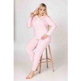 MEBA Kadın Büyük Beden Yaka Düğmeli Uzun Kollu Penye Anne Pembe Çizgili Pijama Takımı