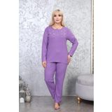 MEBA Kadın Kışlık Uzun Kol Çiçek Desenli Büyük Beden Mor Pijama Takımı