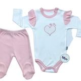Mebs Clothing Bon & Bon OUR Pembe Body Takımı, Kalp Nakışlı, Çıtçıtlı, Uzun Kollu Body Takımı (9-12 Ay)