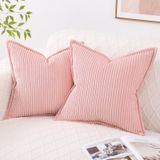 Mecatny Kadife Yastık Kılıfları 45 x 45 cm 2'li Set - Oturma Odası, Yatak için Geniş Kenarlıklı Çizgili Kırlent Kılıfları - Kanepe için Yumuşak Kare Dekoratif Yastık Kılıfları - Pembe