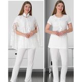 Mecit 5803 Ekru Dantel Pelerinli Şık Hamile Lohusa 3 LÜ Pijama Tk 5803-Ekru