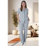 Mecit 6016 Mavi Çizgili Boydan Düğmeli Kadın Pijama Takımı