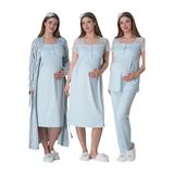 Mecit 6063 Mavi Çizgili Uzun Sabahlıklı Gecelik Pijama Lohusa Set