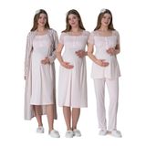 Mecit 6063 Pembe Çizgili Uzun Sabahlıklı Gecelik Pijama Lohusa Set