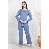 Mecit 6105 İndigo Kadın Büyük Beden Boydan Düğmeli Pijama Takımı