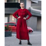 MecModest Kadın Bordo Önü Düğmeli Kuşaklı Yakası Fırfırlı Jessica Ayrobin Elbise Şık - 48