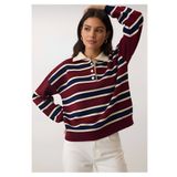 meday Clothing KADIN ÇİZGİLİ POLO YAKA TRİKO SWEATSHIRT