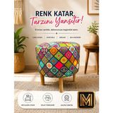 Medet Home Diday Çini Bohem Desenli Ahşap Ayaklı Puf Tabure Dekoratif Oturma Pufu Renkli Etnik Salon ve Yatak Odası Pufu yuvarlak puf Çocuk Odası Pufu Ev Balkon - 40 x 40 x 40