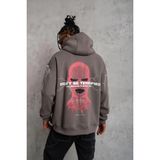 Medi Giyim Erkek 3 Iplik Pamuklu Kapüşonlu Baskılı Cepli Oversize Sweatshirt Hoodie - Gri - 2XL