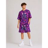 Medi Giyim Erkek Çocuk Oversize Kalıp Pubg Bape x Shark Nakışlı Cepli Şort Takım - Mor - XL
