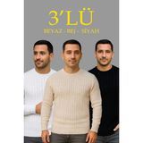 Medi Giyim Erkek Fitilli Triko Kazak 3’lü Set Bej Beyaz Siyah | Kalın Dokuma Pamuklu Regular Fit - Siyah - Beyaz - Bej