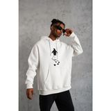 Medi Giyim Erkek Nihilist Penguen Baskılı 3 Iplik Pamuklu Kapüşonlu Sweatshirt Hoodie Beyaz