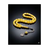 Medine Baazar Sarı Hareli Beyrut Damla Tesbih - 7x11mm Kapsül Kesim Yumuşak Çekim - Gümüş Renk Püsküllü