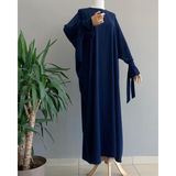 Medine Ipeği Kolu Bağcıklı Yarasa Kol Nefise Elbise - 00400 Lacivert - 1