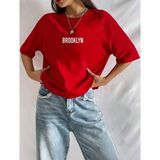 Medinenur Brooklyn Baskılı Bisiklet Yaka T-Shirt - Kırmızı - XL