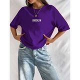 Medinenur Brooklyn Baskılı Bisiklet Yaka T-Shirt - Mor
