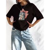 Medinenur Sevimli Minik Kedi Baskılı Kadın Tişört - Siyah - 2XL