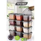 Mediterian 12'li gri kare saklama kabı seti, sızdırmaz kapaklı, 550 ml, dayanıklı plastik, şık tasarım - Şeffaf