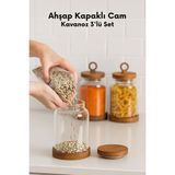 Mediterian 3’lü Ahşap Kapaklı Cam Kavanoz Seti, Büyük Boy Gıda Saklama Kabı, Vakum Kapaklı, Kahverengi - 100 ml - Şeffaf