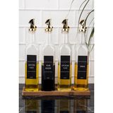 Mediterian 4'lü Cam Yağdanlık Seti, Ahşap Stantlı, Gold Kilitli, 500 ml, Ayçiçek, Zeytinyağı, Sirke, Nar Ekşisi
