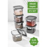 Mediterian 6'lı Kare Saklama Kabı Seti, 0,55 L, Antrasit, Kaşıkli, Plastik, Gri - 550 ml - Şeffaf