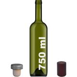 Mediterian 750 ml Yeşil Cam Şarap Şişesi, Sentetik Mantar Tıpalı, Kapüşonlu, Beyaz, 1 Parça
