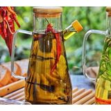Mediterian 900 ml şeffaf cam yağdanlık, sirkelik ve şişe, bambu kapaklı, beyaz renk