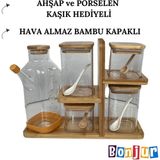 Mediterian Bambu Standlı 16 Parça Borosilikat Kavanoz ve Baharatlık Seti Bej Renk - Ahşap - 1 lt