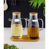 Mediterian Bambu Standlı 2'li 900ml Cam Yağdanlık Seti, Kapaklı, Şık ve Kullanışlı - Şeffaf - 900 ml