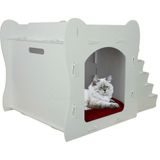 Mediterian Beyaz Ahşap Kedi Yatağı 50x35 cm, Parlak Boyalı Merdivenli Tasarım