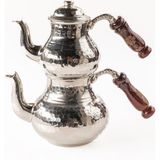 Mediterian El İşlemeli Bakır Çaydanlık Takımı, Ahşap Kulp, 1.3 L, Gümüş Renk, Dayanıklı ve Şık - Ahşap Rengi