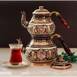 Mediterian El Yapımı Bakır Çaydanlık, Ahşap Kulplu, Desenli, Orta Boy, Siyah Minerali - Ahşap Rengi