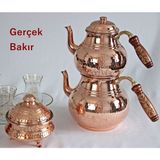 Mediterian Kalın bakır çaydanlık takımı, 4-6 kişilik, şık ve dayanıklı tasarım, 3 L, metalik renk - Ahşap Rengi