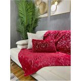 Mediterian Kırmızı Peluş ve Gümüş Varak Baskılı Koltuk Örtüsü ve Şal 100x160