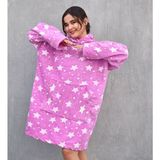 Mediterian Pembe Yıldızlı Peluş Polar Giyilebilir Battaniye ve Pijama, Sıcacık Uyku Arkadaşı