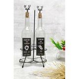 Mediterian Şeffaf cam şişe 750 ml, mantar tıpalı, siyah stand, etiketli, bej renkli yağdanlık