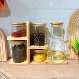 Mediterian Şık bambu standlı yağ ve baharatlık seti, cam tasarım, 6 parça, kahverengi, 900 ml - Ahşap - 1 lt