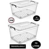 Mediterian Tekerlekli Saklama Kabı 2'li Set 50 lt ve 70 lt Büyük Boy Tekerlekli Saklama Kutusu Depolama Oyunca - 100 ml - Şeffaf