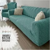 Mediterian Yıkanabilir Antrasit Jakarlı Lastikli Koltuk Örtüsü Seti, 2x3, 2x1, 2x2, Yeşil, 145x40