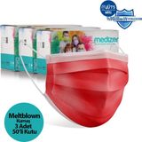 Medizer Kırmızı Meltblown Kumaş Full Ultrasonik 3 Katlı Cerrahi Maske - Burun Telli - 150 Adet