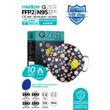 Medizer Qzer Lacivert Çiçek Desenli 5 Katlı Ventilli Ffp2 Nr N95 Maske - 10 Adet