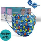 Medizer Sevimli Bakteriler Desenli 3 Katlı Meltblown Kumaş Ultrasonik Cerrahi Çocuk Maskesi - Burun Telli - Çok Renkli - 100 Adet