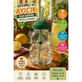 Medushop Ayıcık Cam Bardak Pipetli Kapaklı 16X10 cm Plastik Pipetli Çocuk Içecek Bardağı Sevimli - Belirtilmemiş - Şeffaf