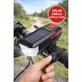 MEDUSHOP Güneş Enerjili Şarjlı Bisiklet Farı Kornalı USB Destekli Güçlü LED Ön Far Seti