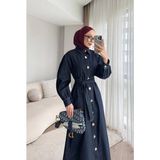 Meecy Gold Düğmeli Denim Tesettür Elbise - 44 - Lacivert