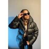 Meecy Kadın Kapüşonlu Şişme Deri Mont Siyah Uzun Kol Standart Kesim Günlük Model