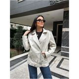 Meecy Kadın Oversize Biker Deri Ceket - Krem