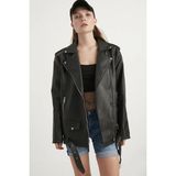 Meecy Kadın Oversize Biker Deri Ceket Siyah Standart Kalıp Cepli Günlük Stil - 2XL